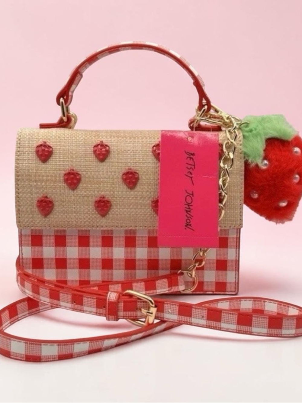 Betsey Johnson Red Gingham Strawberry Charm Crossbody Bag